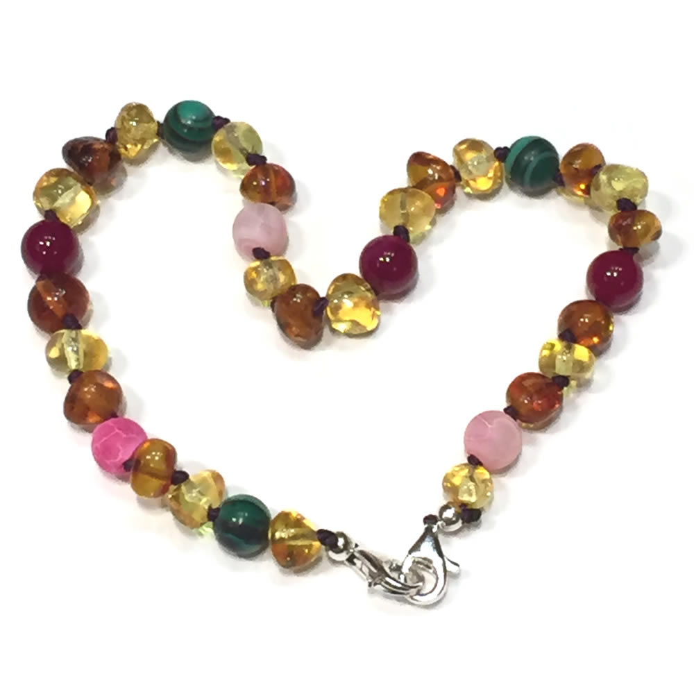 Adult Adjustable Amber and Semi Precious Bracelet - PINK